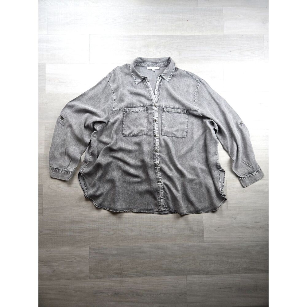 Jane + Delancey Womens 3X Grey Acid Wash Denim Tunic Shirt Button Down Roll Tab